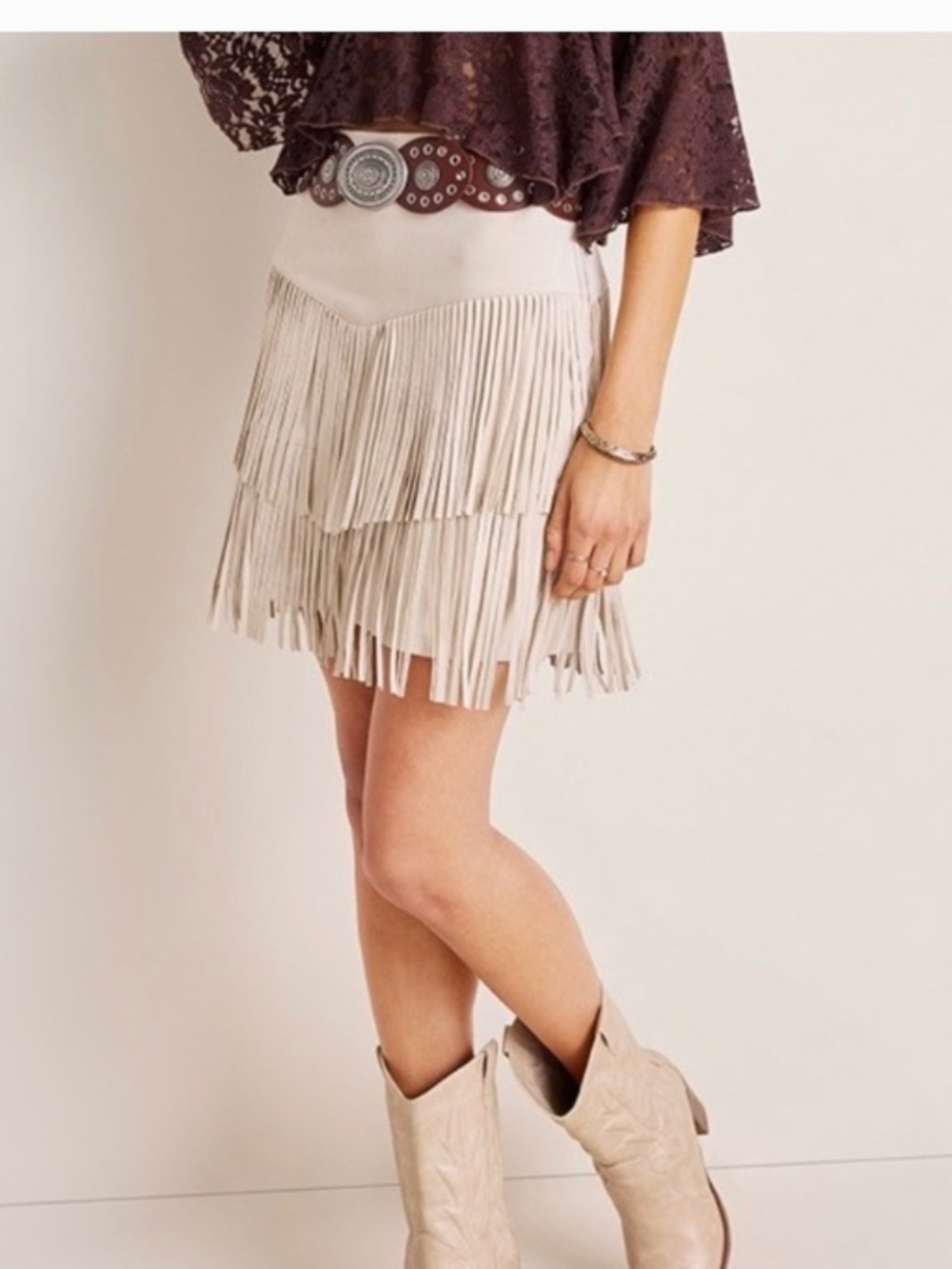 Alya Ivory Faux Suede Fringe Mini Skirt